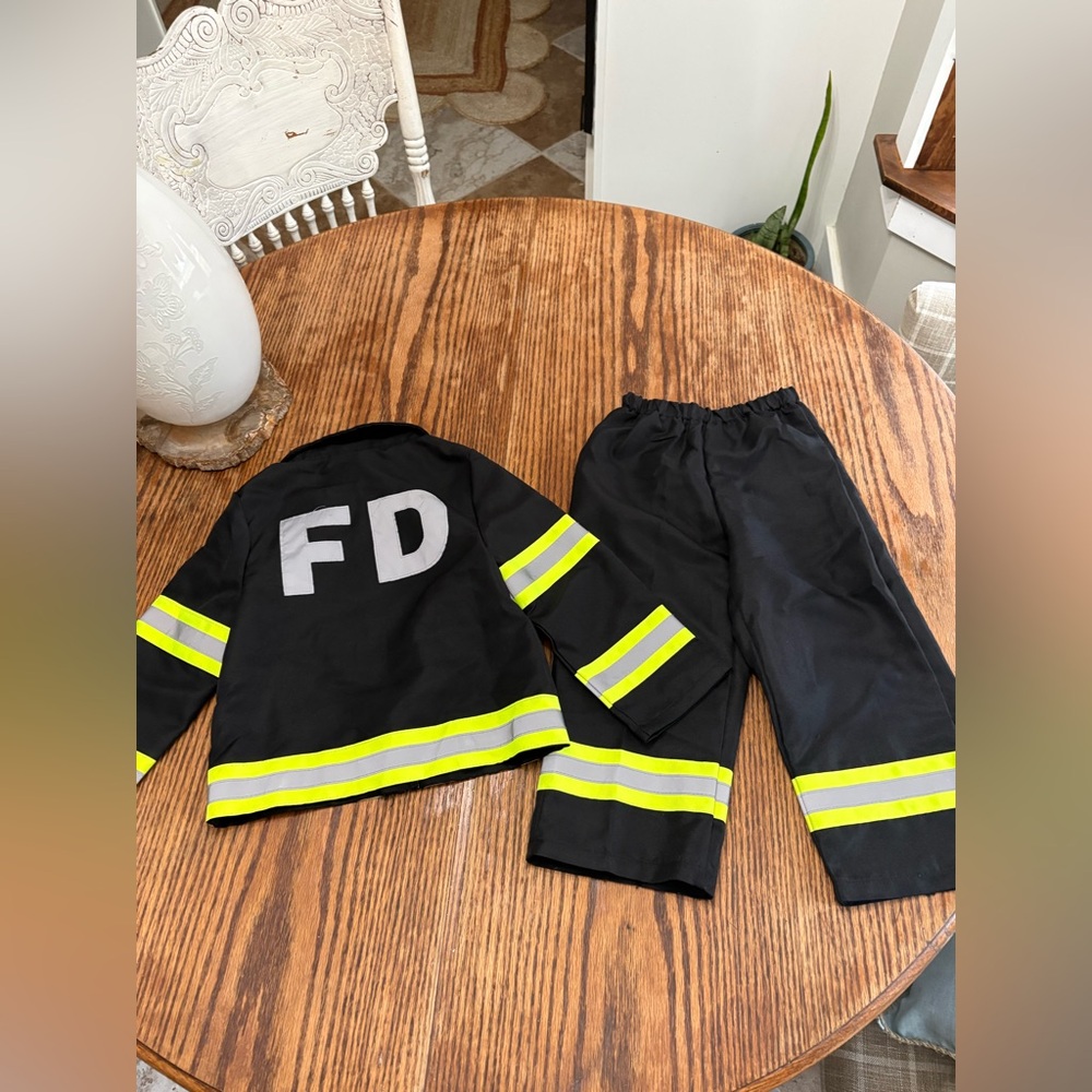 Kids Sz 4 firefighter costume jacket and pants set with reflective yellow
